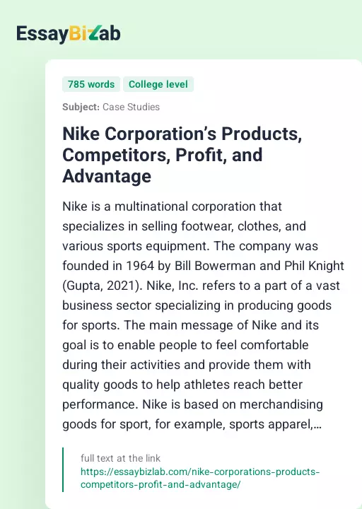 Nike Corporation’s Products, Competitors, Profit, and Advantage - Essay Preview