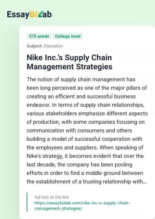 Nike Inc.'s Supply Chain Management Strategies - Essay Preview