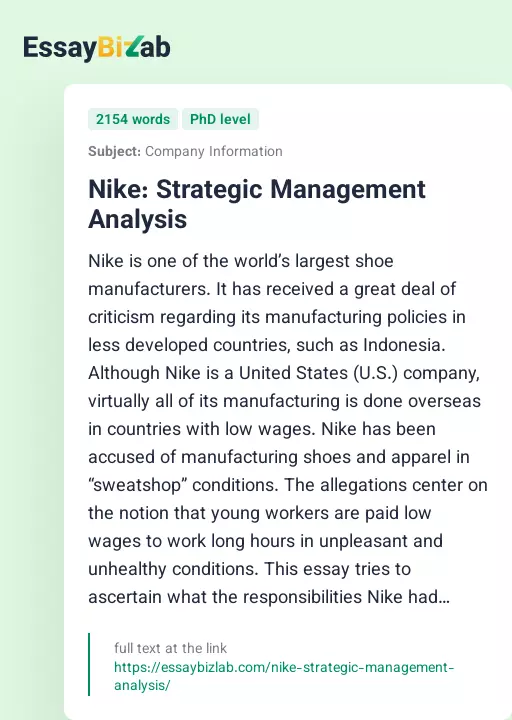 Nike: Strategic Management Analysis - Essay Preview