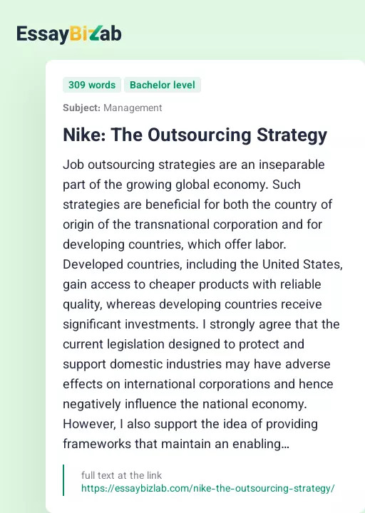 Nike: The Outsourcing Strategy - Essay Preview