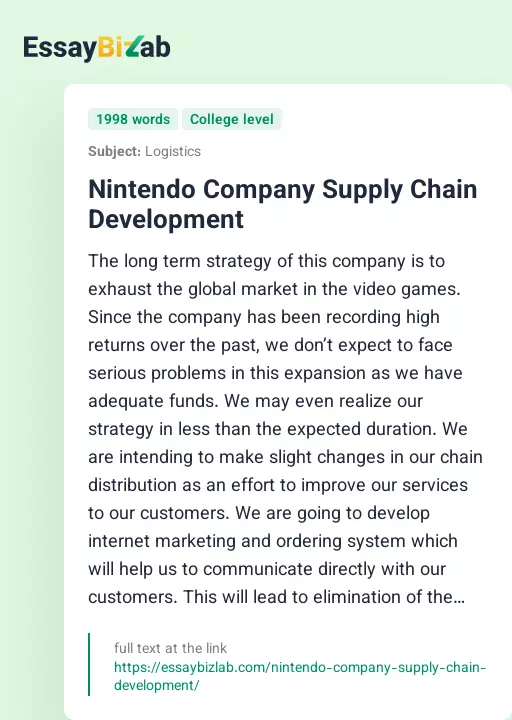 Nintendo Company Supply Chain Development - Essay Preview