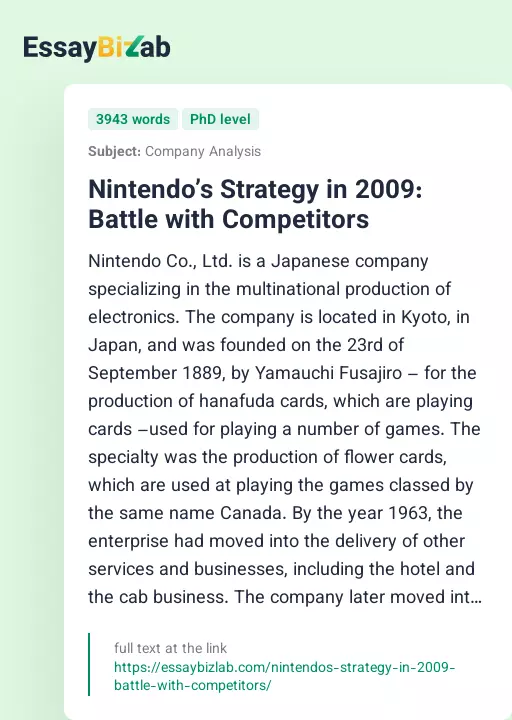 Nintendo’s Strategy in 2009: Battle with Competitors - Essay Preview