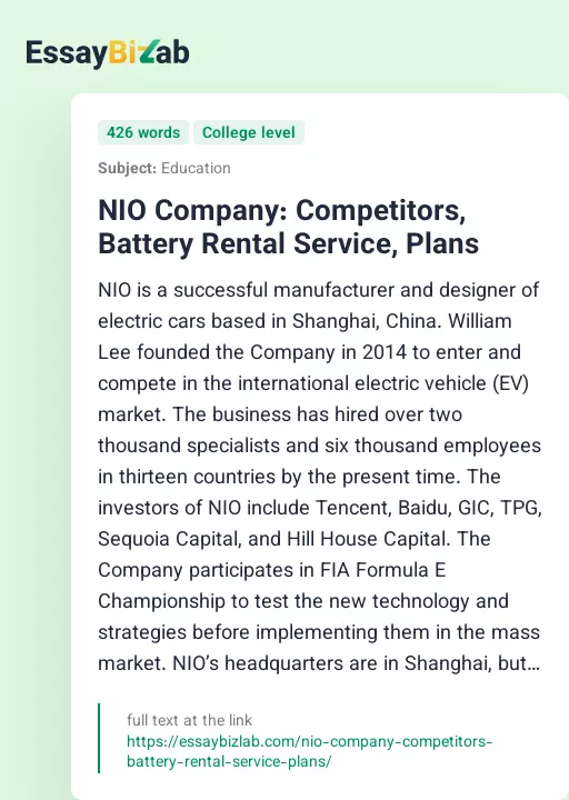 NIO Company: Competitors, Battery Rental Service, Plans - Essay Preview