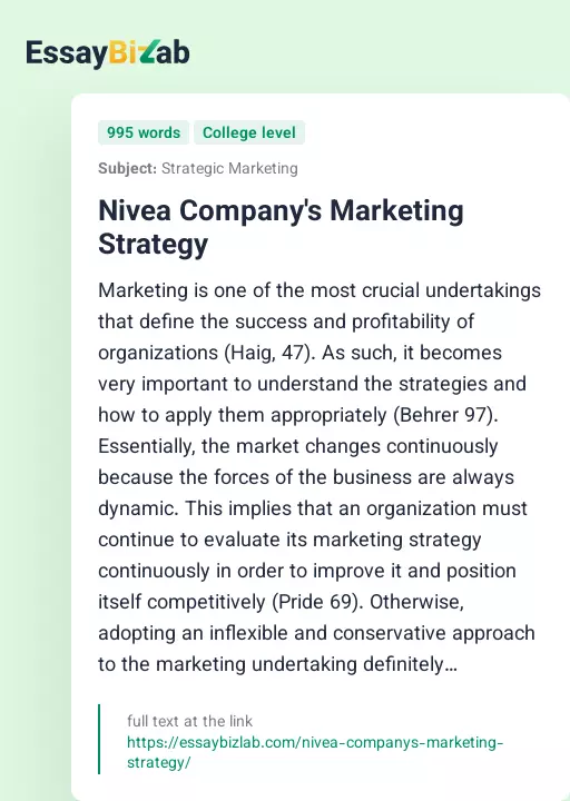 Nivea Company's Marketing Strategy - Essay Preview