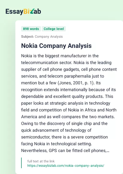 Nokia Company Analysis - Essay Preview