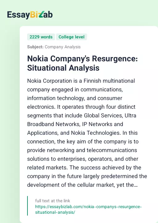 Nokia Company's Resurgence: Situational Analysis - Essay Preview