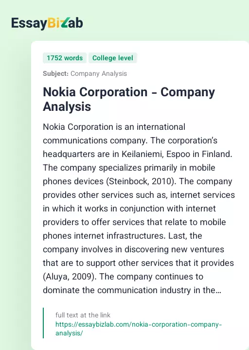 Nokia Corporation - Company Analysis - Essay Preview