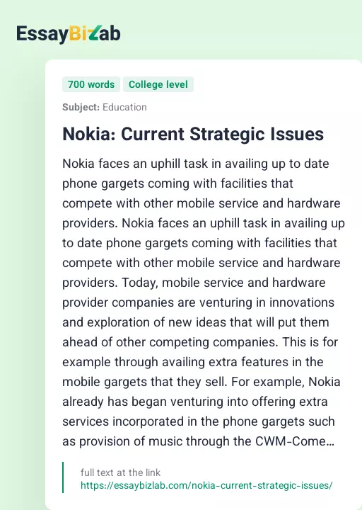 Nokia: Current Strategic Issues - Essay Preview