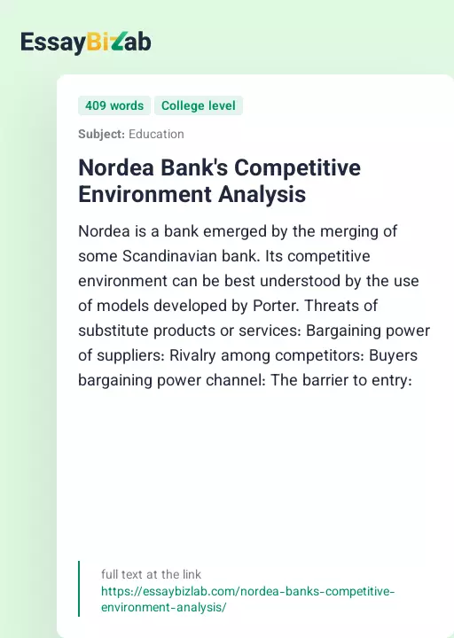 Nordea Bank's Competitive Environment Analysis - Essay Preview