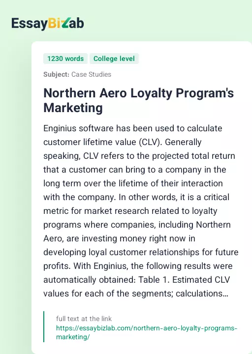 Northern Aero Loyalty Program's Marketing - Essay Preview