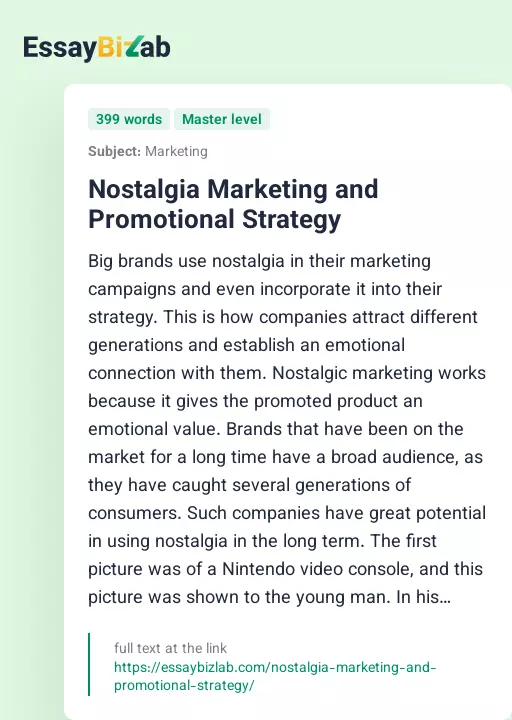 Nostalgia Marketing and Promotional Strategy - Essay Preview