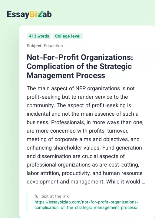 Not-For-Profit Organizations: Complication of the Strategic Management Process - Essay Preview