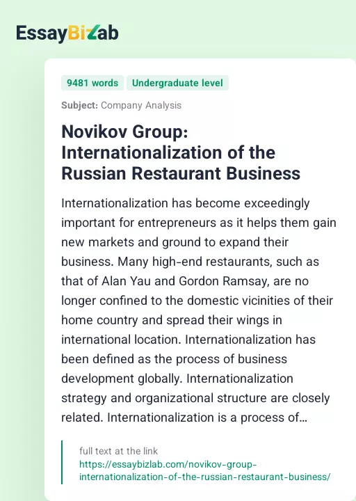 Novikov Group: Internationalization of the Russian Restaurant Business - Essay Preview