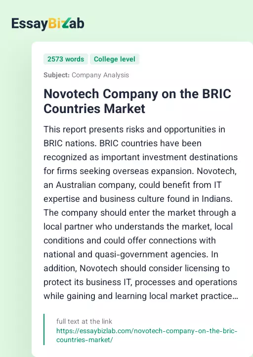 Novotech Company on the BRIC Countries Market - Essay Preview