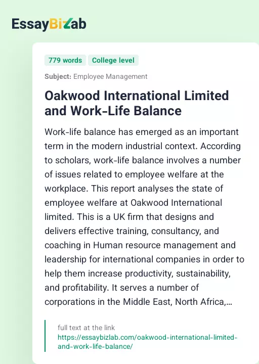 Oakwood International Limited and Work-Life Balance - Essay Preview