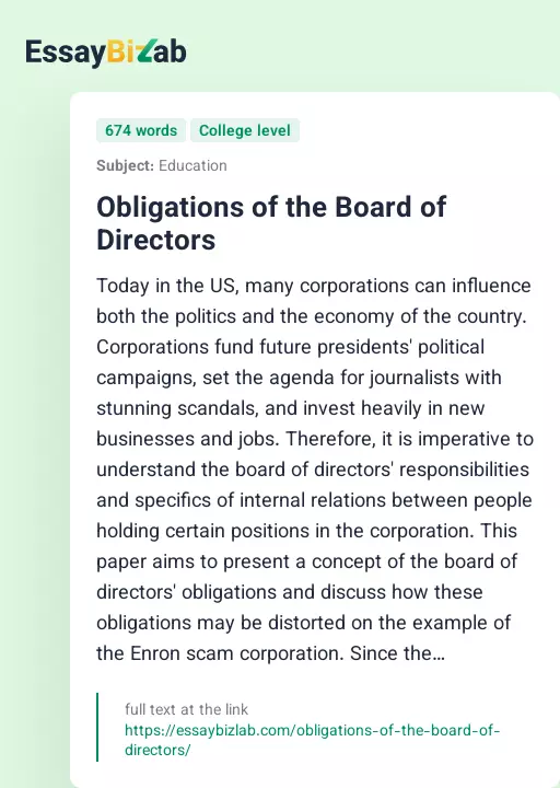 Obligations of the Board of Directors - Essay Preview
