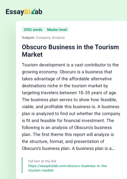Obscuro Business in the Tourism Market - Essay Preview