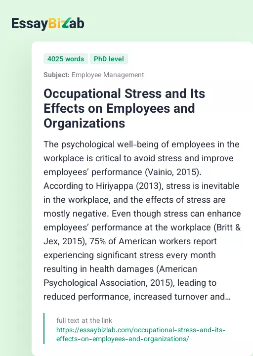 Occupational Stress and Its Effects on Employees and Organizations - Essay Preview