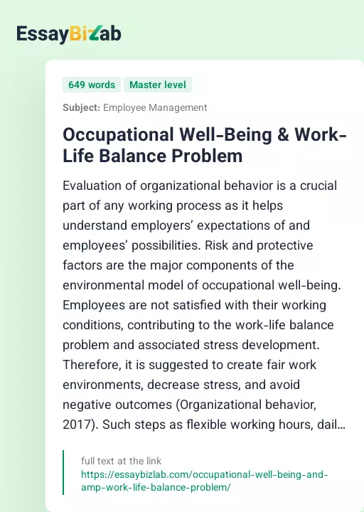 Occupational Well-Being & Work-Life Balance Problem - Essay Preview