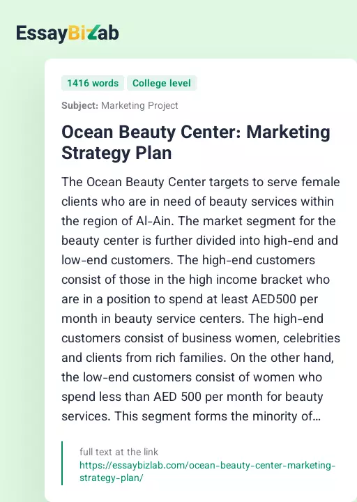 Ocean Beauty Center: Marketing Strategy Plan - Essay Preview