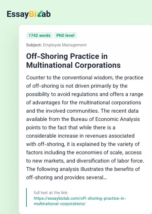 Off-Shoring Practice in Multinational Corporations - Essay Preview