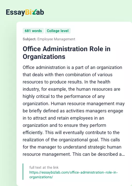 Office Administration Role in Organizations - Essay Preview