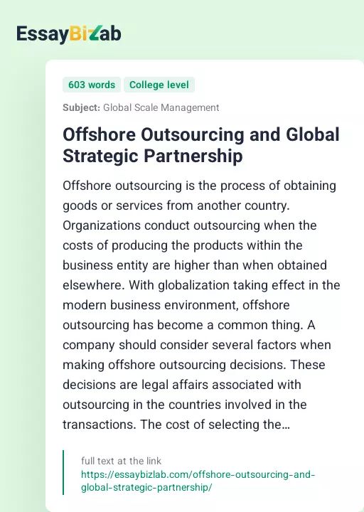 Offshore Outsourcing and Global Strategic Partnership - Essay Preview
