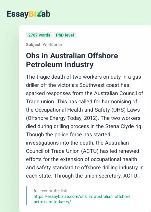 Ohs in Australian Offshore Petroleum Industry - Essay Preview