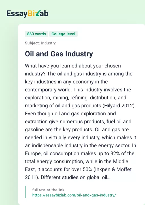 Oil and Gas Industry - Essay Preview