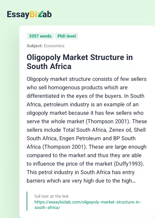 Oligopoly Market Structure in South Africa - Essay Preview
