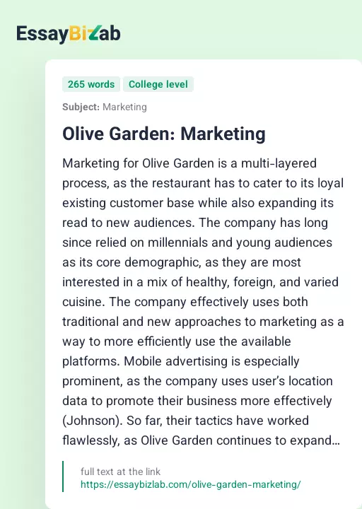 Olive Garden: Marketing - Essay Preview