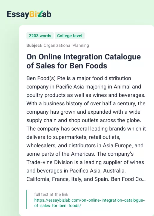On Online Integration Catalogue of Sales for Ben Foods - Essay Preview