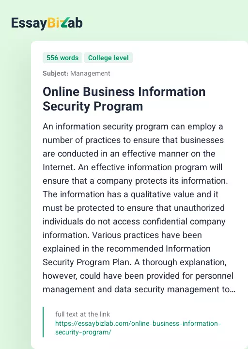 Online Business Information Security Program - Essay Preview