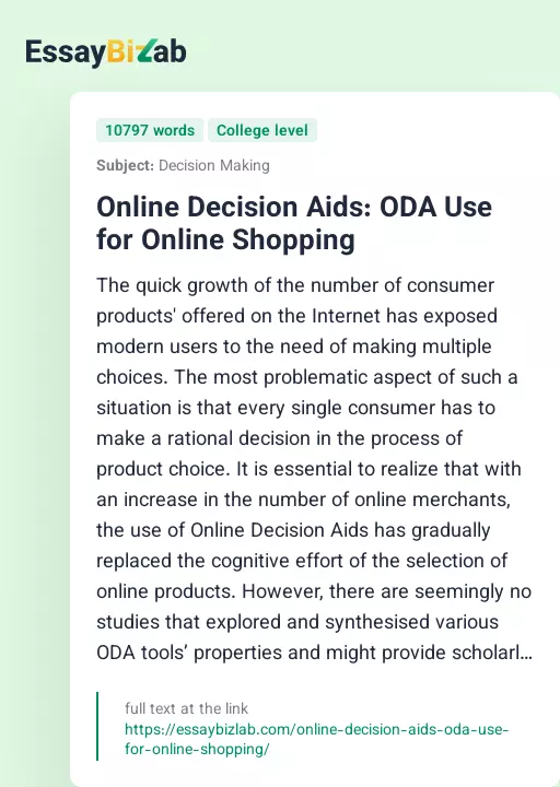 Online Decision Aids: ODA Use for Online Shopping - Essay Preview