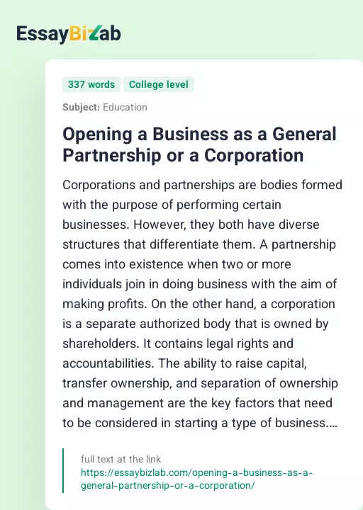 Opening a Business as a General Partnership or a Corporation - Essay Preview