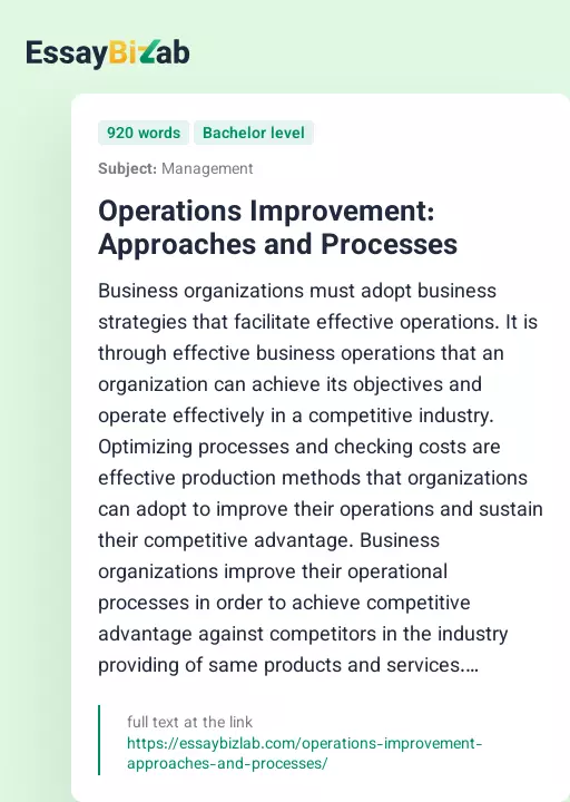 Operations Improvement: Approaches and Processes - Essay Preview
