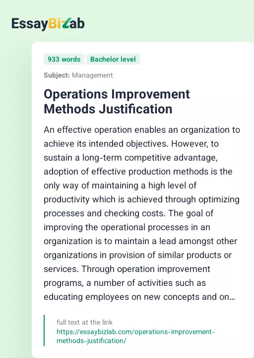 Operations Improvement Methods Justification - Essay Preview
