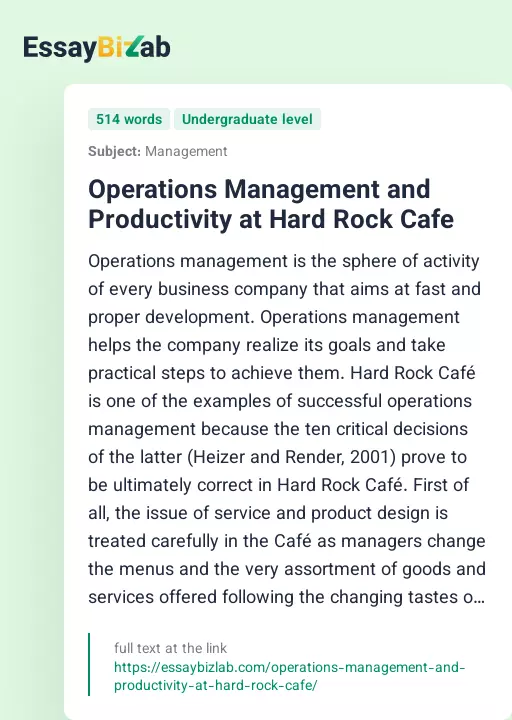 Operations Management and Productivity at Hard Rock Cafe - Essay Preview