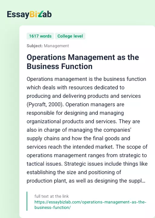 Operations Management as the Business Function - Essay Preview
