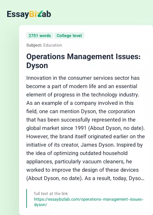 Operations Management Issues: Dyson - Essay Preview