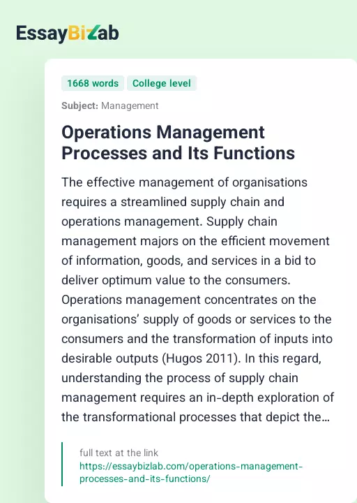 Operations Management Processes and Its Functions - Essay Preview