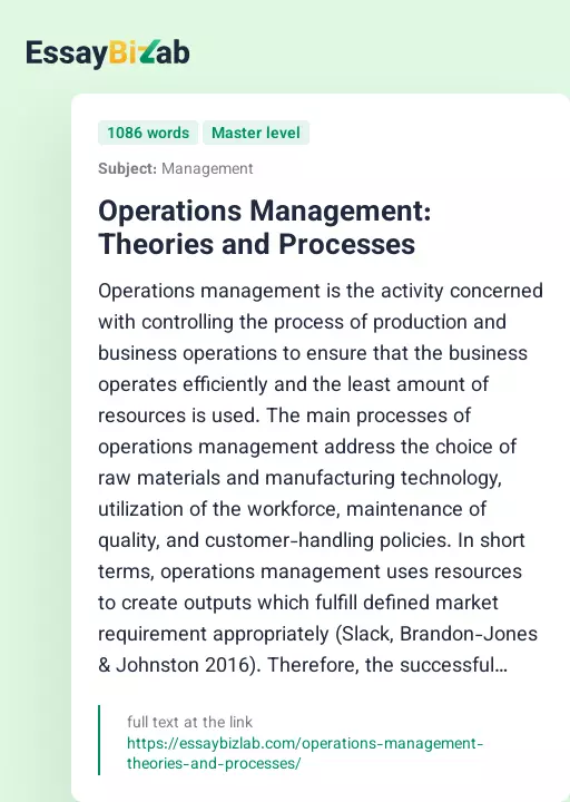 Operations Management: Theories and Processes - Essay Preview