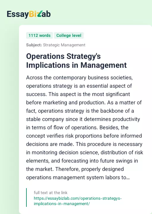 Operations Strategy's Implications in Management - Essay Preview
