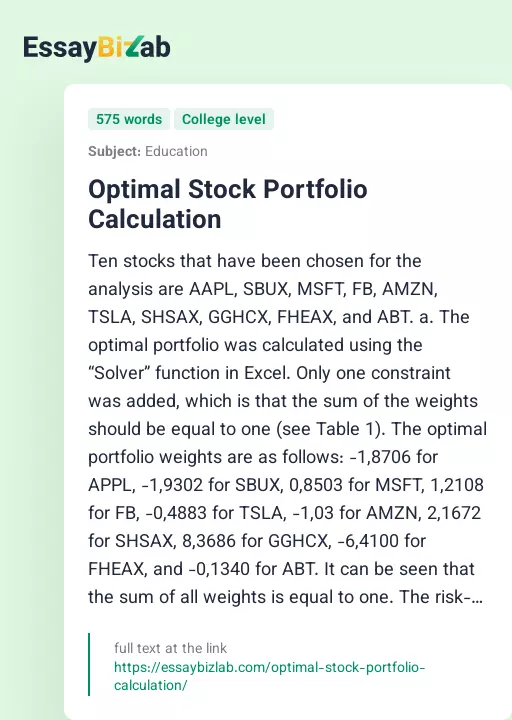 Optimal Stock Portfolio Calculation - Essay Preview