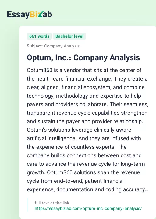 Optum, Inc.: Company Analysis - Essay Preview