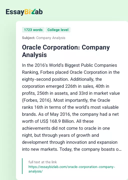Oracle Corporation: Company Analysis - Essay Preview