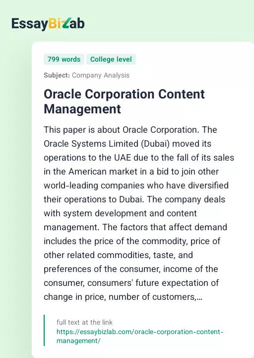 Oracle Corporation Content Management - Essay Preview