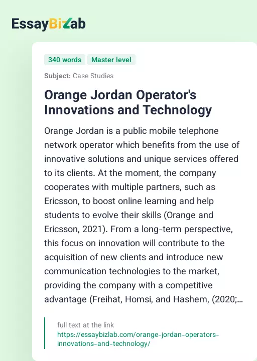 Orange Jordan Operator's Innovations and Technology - Essay Preview