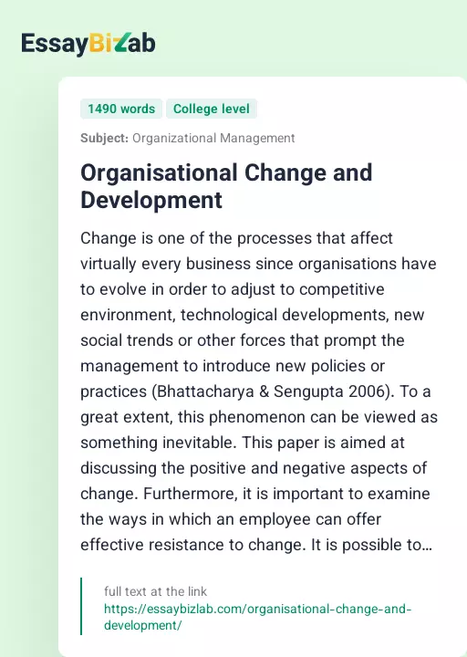 Organisational Change and Development - Essay Preview