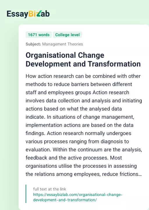 Organisational Change Development and Transformation - Essay Preview